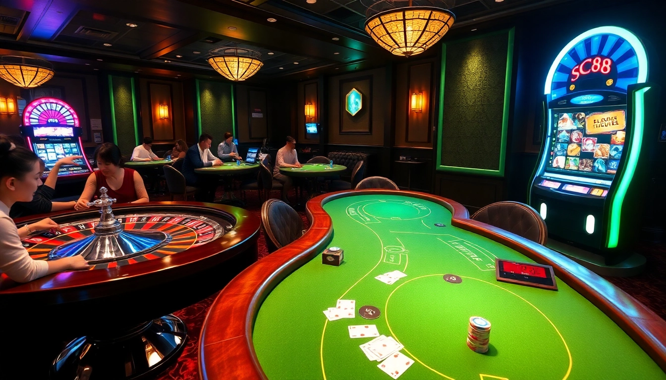 Experience the exhilarating atmosphere of Trang Chủ SC88 featuring exciting casino games, lively players, and luxury decor.