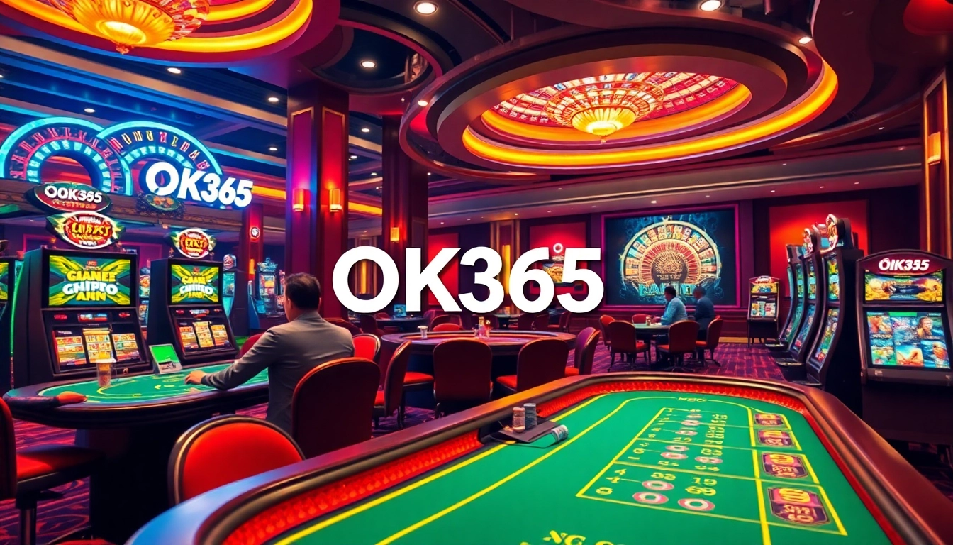 Exciting poker game in a luxury casino setting featuring OK365 for online betting.