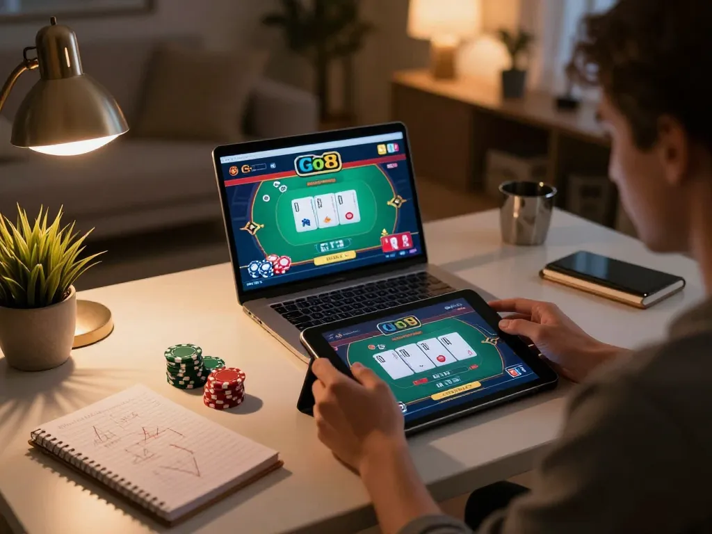 Engaged player in a Go8 online casino session using a tablet at home.