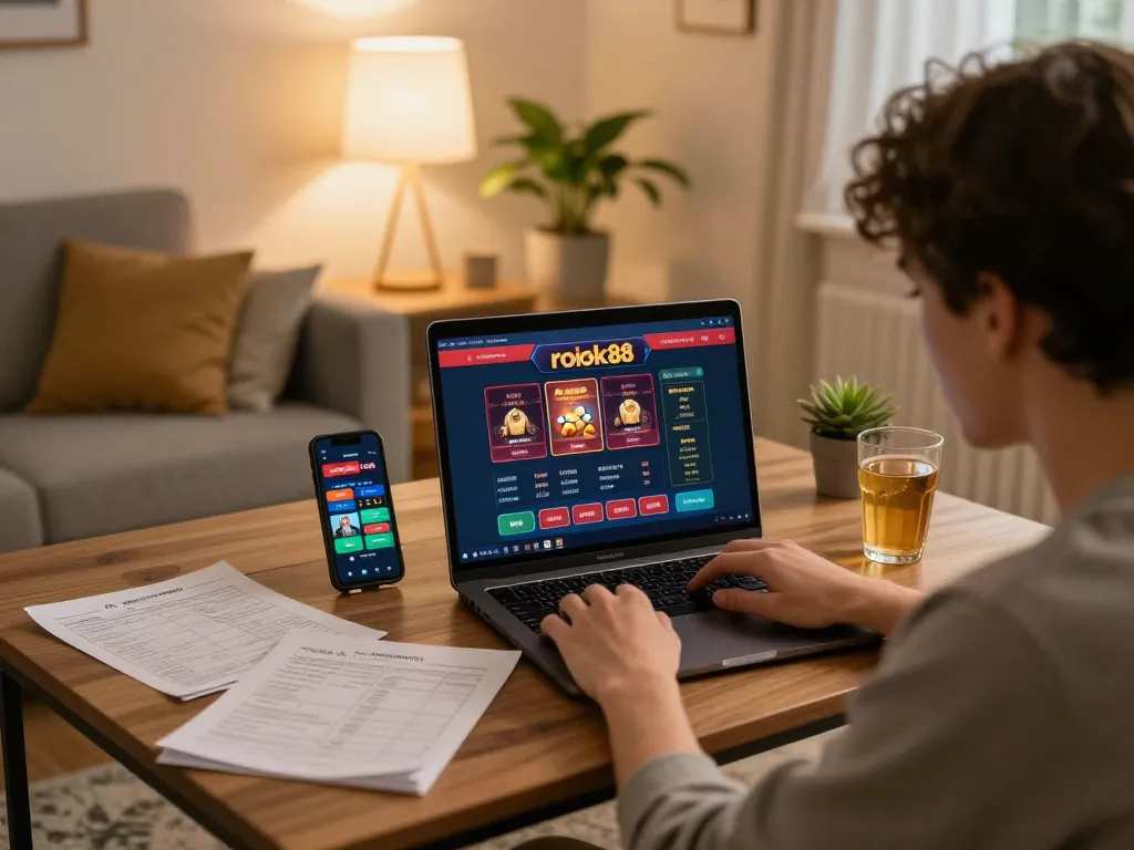 Pemain terlibat dalam perjudian online di rumah dengan platform rokok88 terlihat di layar