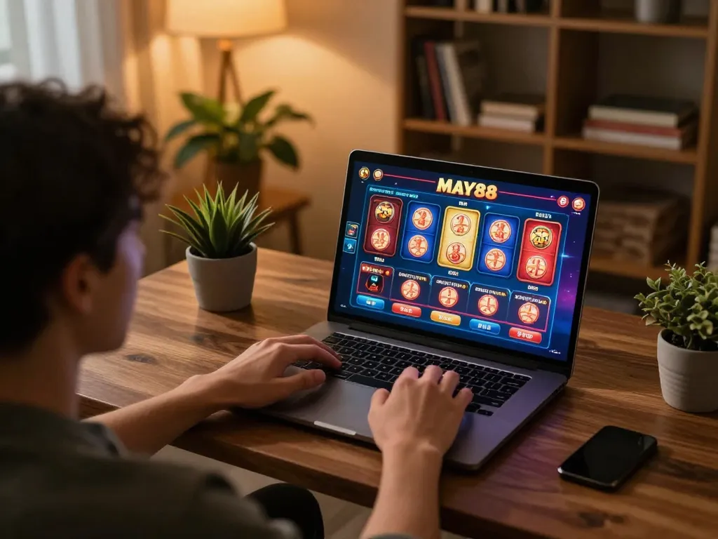 MAY88 player engaging in online casino game on laptop in a cozy home setting