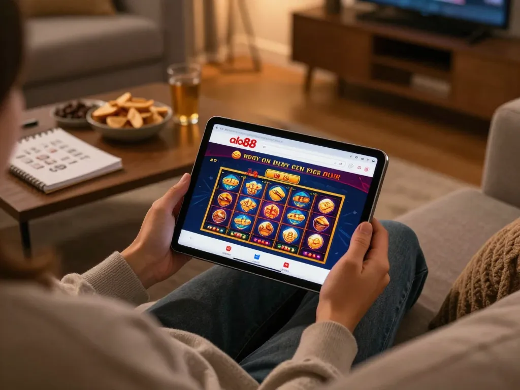 Engaging with the alo88 online gambling platform on a tablet in a cozy home setting.