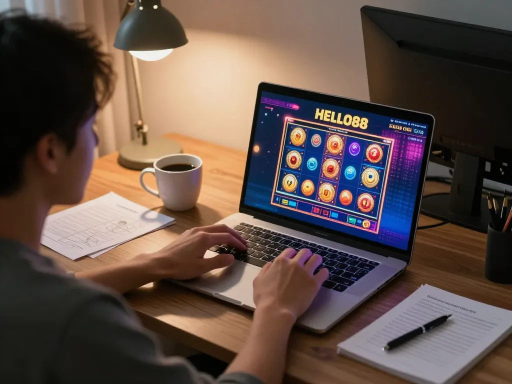 Engaging in HELLO88 online gaming strategy at a cozy home workspace