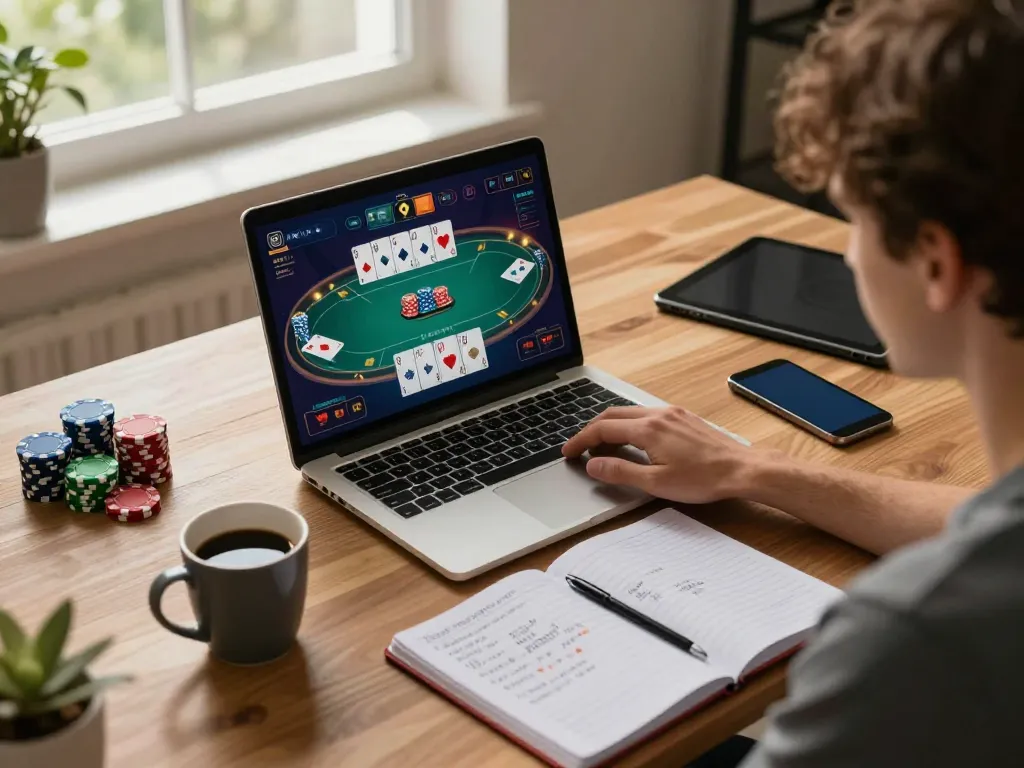 Engaged player exploring Trang chủ Sin88 for online poker strategies with laptop and notes.