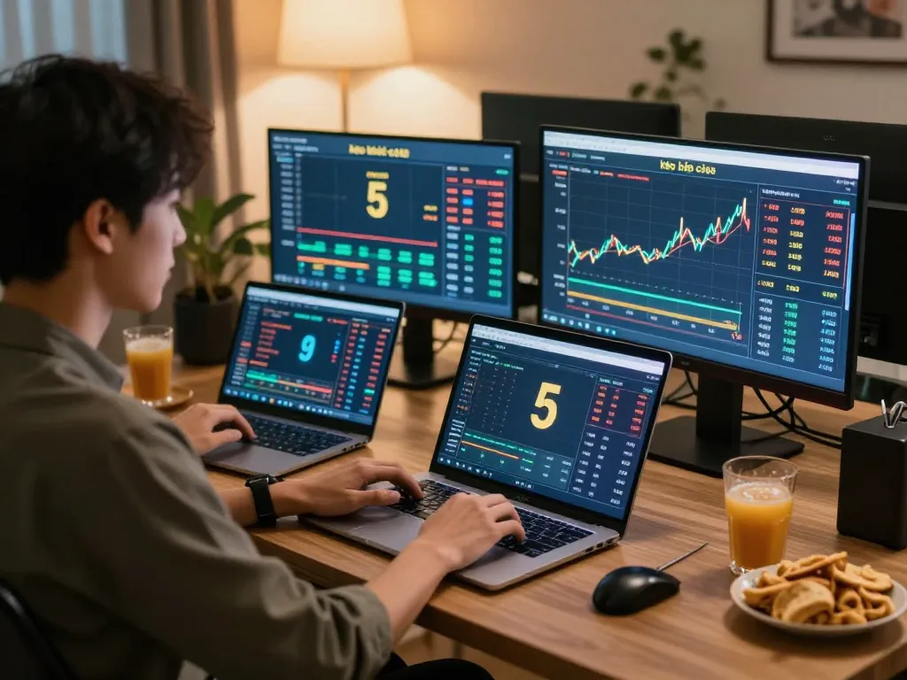 Engaged in online betting with kèo nhà cái 5 displayed on multiple screens in a cozy home office.