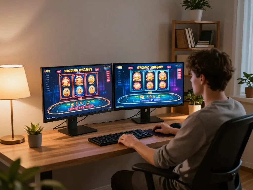 Net88 online gaming session with vibrant slot games and live dealer tables visible on dual monitors