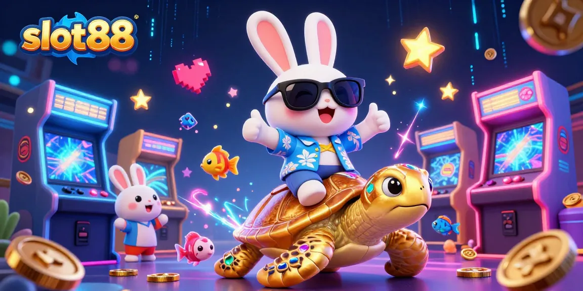 Play slot88 with colorful casino elements and a playful rabbit on a turtle in this vibrant illustration.