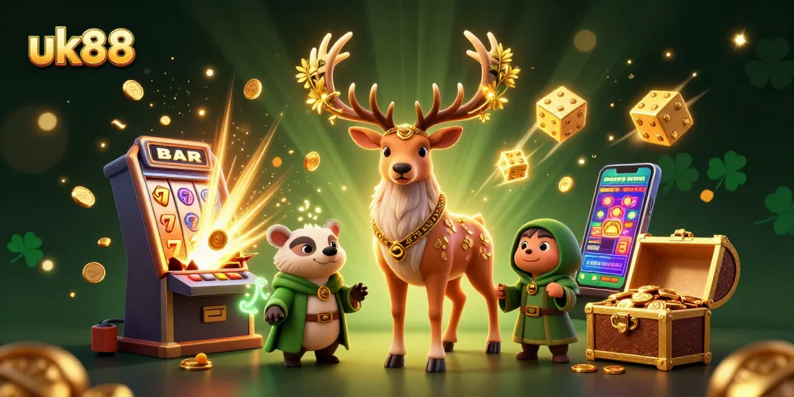 Engage in thrilling gameplay at uk88 with a joyful druid stag and wise badger amid slot machine excitement.