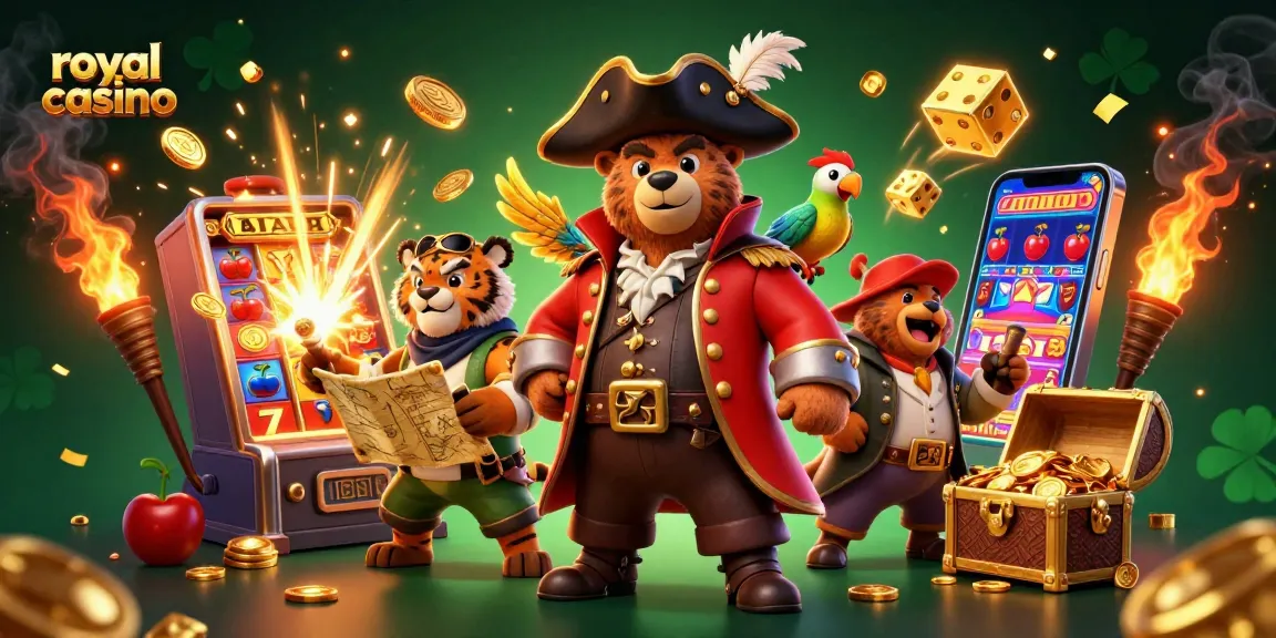 Engaging royal x casino scene with a pirate bear, tiger, and treasure amidst vibrant gaming elements.