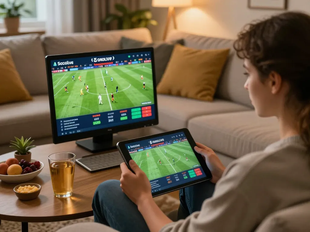 Socolive sports betting scene at home with user analyzing live football matches on tablet