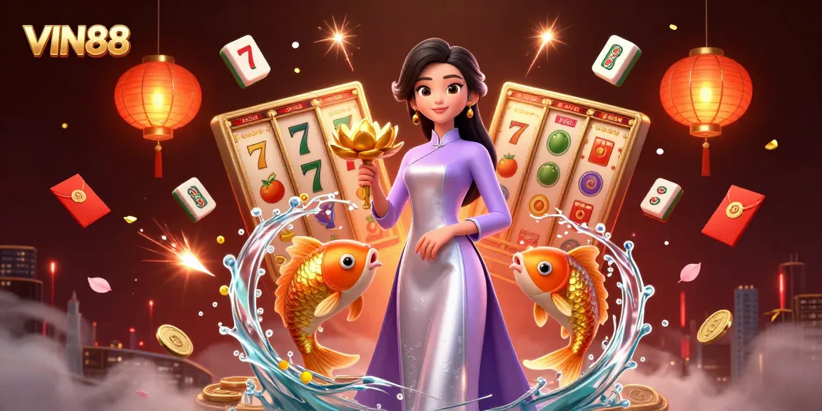 Experience thrilling slots action with VIN88 featuring an elegant woman amidst vibrant casino elements.