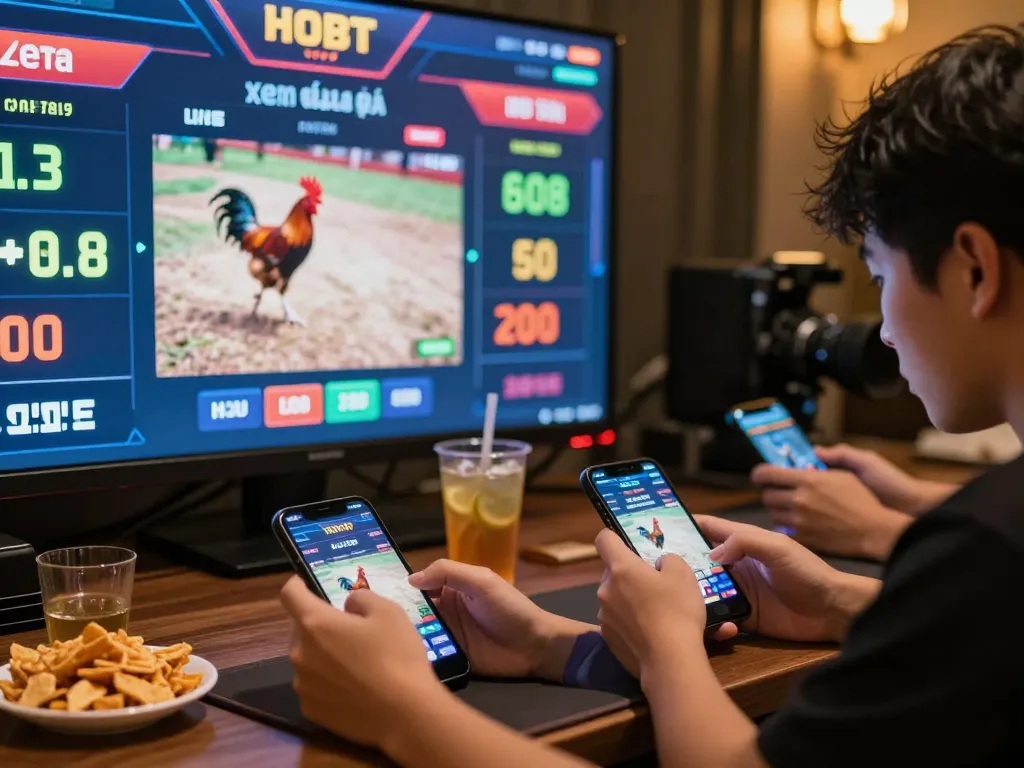 Engaging moment where users actively xem đá gà on their mobile devices, highlighting live betting interface and competitive atmosphere.