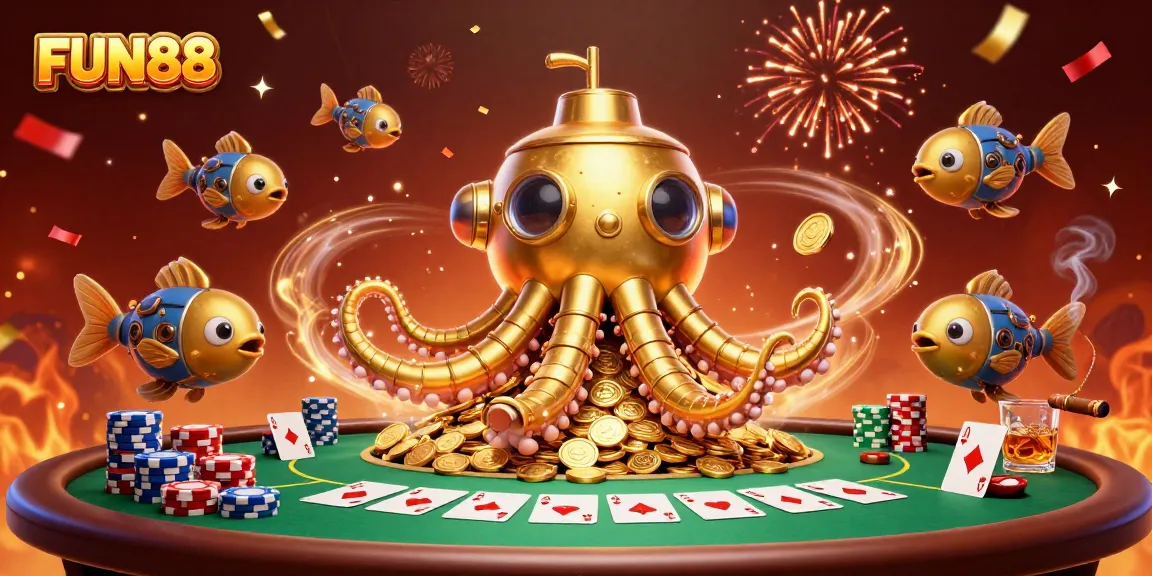 Join the excitement at FUN88 with poker and dazzling casino elements in a vibrant 3D scene.