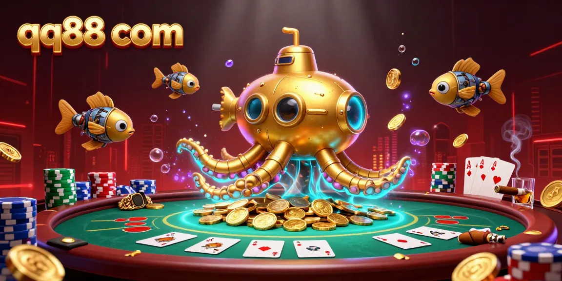 Experience thrilling gameplay with qq88 com as mechanical fish and a golden kraken submarine emerge amid casino treasures.