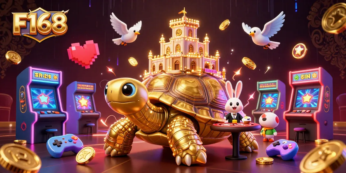 Engage with the F168 casino experience featuring a vibrant 3D illuminative tortoise and dealer.