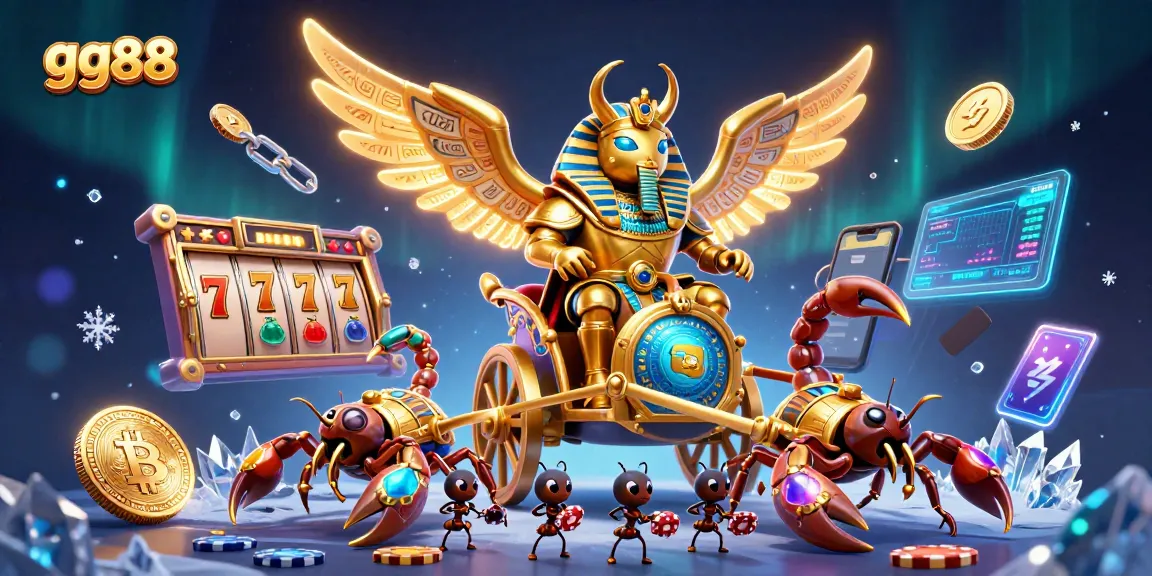 Experience thrilling gameplay at gg88 with vibrant slots, golden scarab warriors, and neon crypto elements.