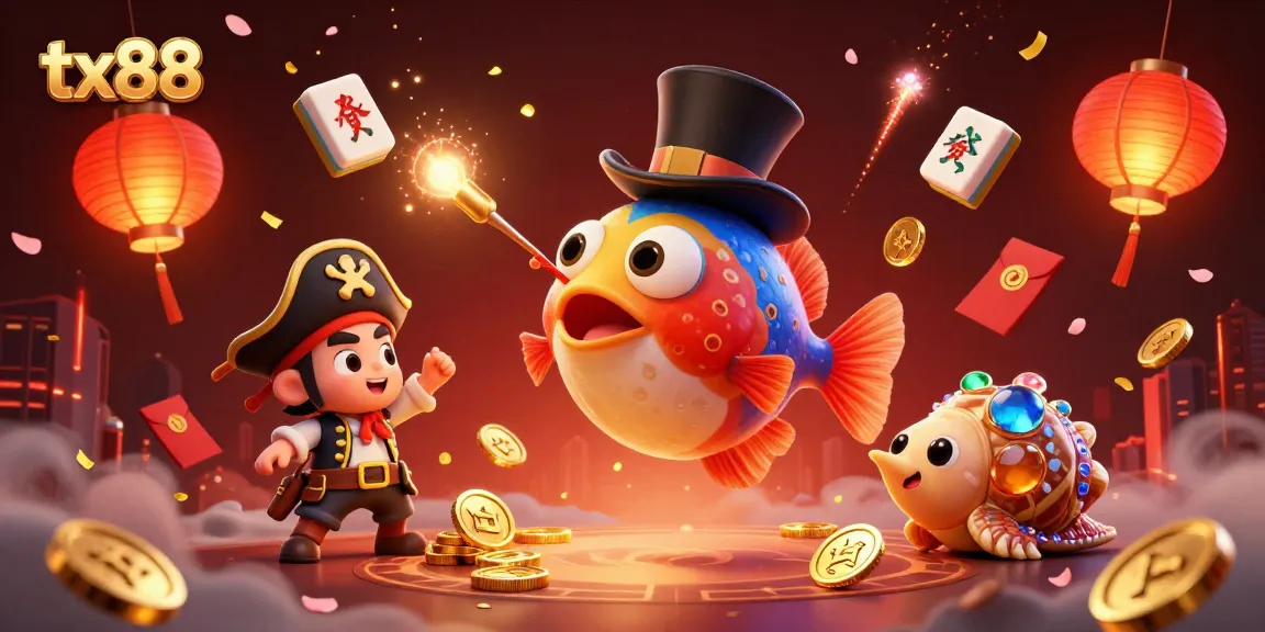 Engaging tx88 casino scene featuring a deep-sea anglerfish attracting golden coins amidst festive elements.