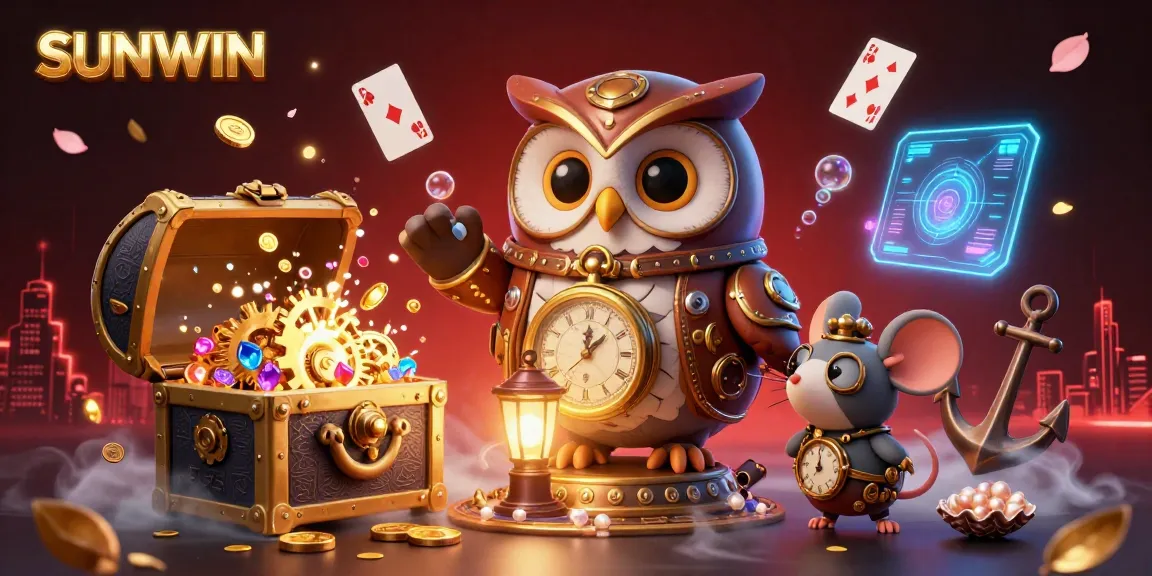 SUNWIN showcases an engaging 3D casino adventure featuring a time-traveler owl amidst vibrant gaming elements.