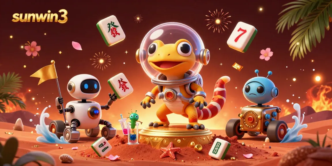 Experience the excitement of sunwin3 through a vivid 3D scene featuring a Martian gecko discovering a casino surrounded by dynamic game elements.