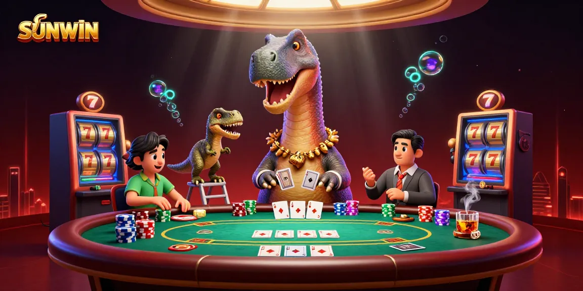 SUNWIN showcases an exciting poker scene with a giant brontosaurus and clever raptor dealer in action.