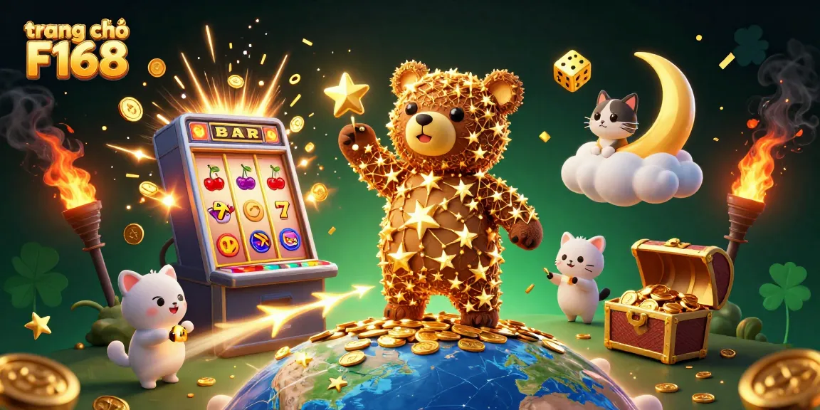 Scoop coins at trang chủ F168 with vibrant 3D casino elements, featuring constellation bear and game symbols.