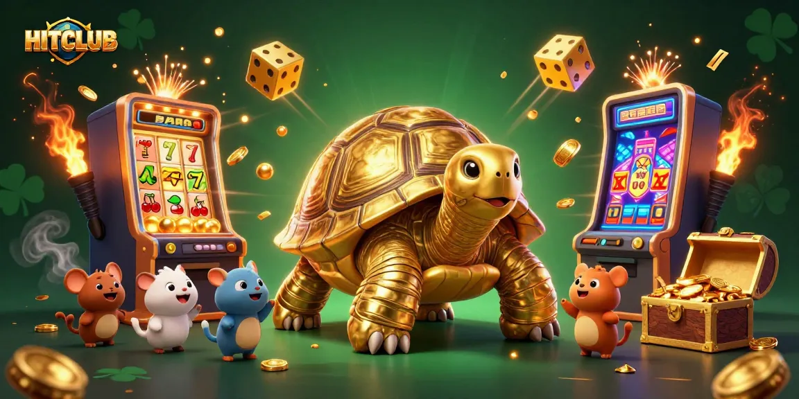 Create winning moments at HITCLUB with a thrilling casino scene featuring dynamic slot machines, joyful characters, and jackpot excitement.