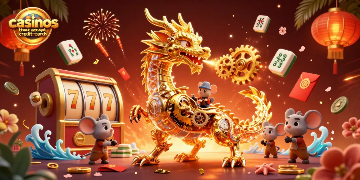 Experience the excitement of casinos that accept credit cards with dynamic golden dragon, slot reels, and fireworks.