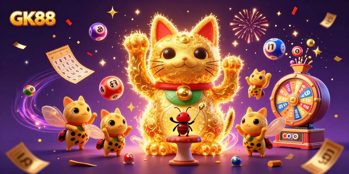 GK88's vibrant 3D casino illustration featuring a lucky cat and golden fireflies celebrating with energy.