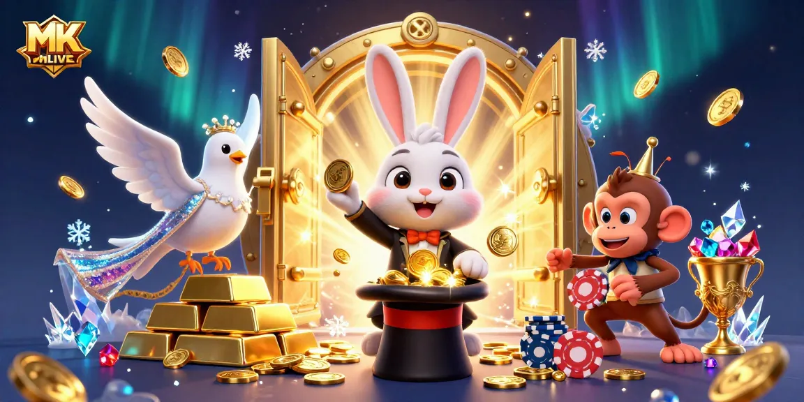 MMLIVE showcases a lively scene with a magician rabbit pulling coins and a mischievous monkey amidst casino treasures.