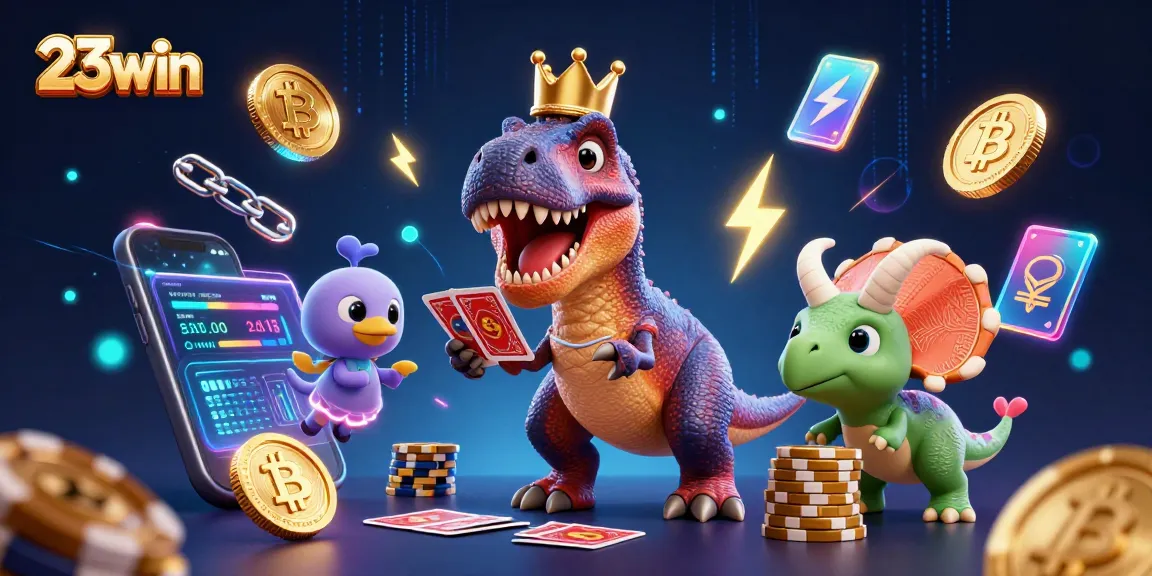 Engage with 23win as T-Rex shuffles cards while baby triceratops stacks chips in a vibrant casino scene.