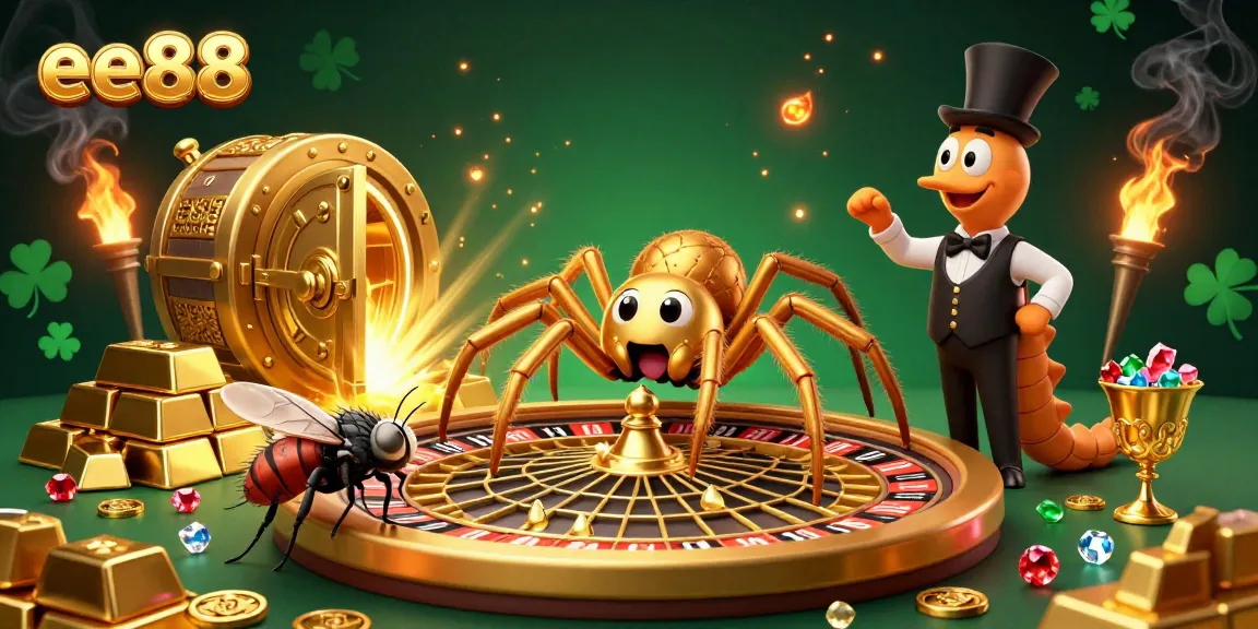 Spin your bets at ee88's vibrant casino illustrated scene, featuring dynamic characters and rich gold treasures.
